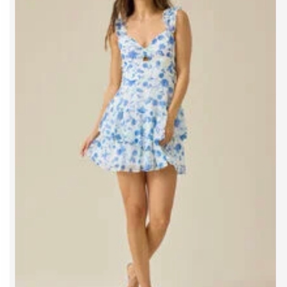 Altar'd State Blue and White Floral Ruffle Mini Dress